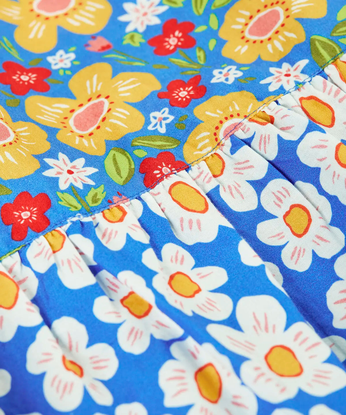 Close up of the different repeating floral print on the Frugi 100% organic cotton Audrey dress in blue 