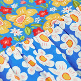 Close up of the different repeating floral print on the Frugi 100% organic cotton Audrey dress in blue 