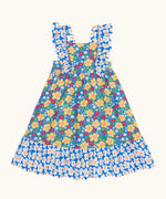 Frugi 100% organic cotton Audrey dress in blue with a repeating floral design. Showing frill on shoulder straps