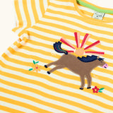 Frugi 100% organic cotton short sleeve t-shirt in yellow and white stripe with jumping horse patch on the front and yellow collar trim