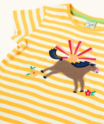 Frugi 100% organic cotton short sleeve t-shirt in yellow and white stripe with jumping horse patch on the front and yellow collar trim