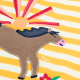 Close up of brown jumping horse patch on the Frugi 100% organic cotton short sleeve t-shirt in yellow and white stripe 