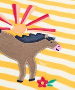Close up of brown jumping horse patch on the Frugi 100% organic cotton short sleeve t-shirt in yellow and white stripe 