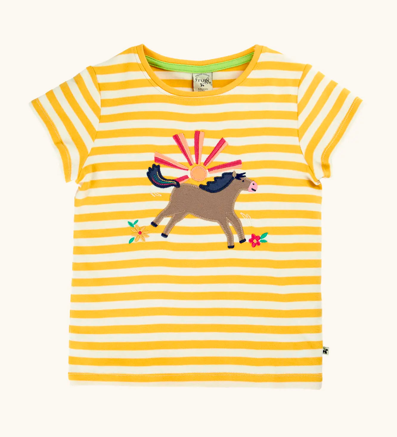 Frugi 100% organic cotton short sleeve t-shirt in yellow and white stripe with jumping horse patch on the front