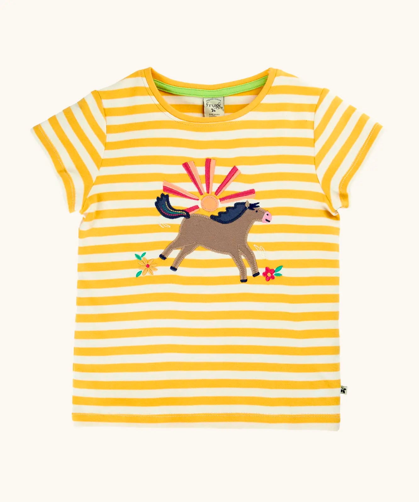 Frugi 100% organic cotton short sleeve t-shirt in yellow and white stripe with jumping horse patch on the front