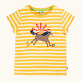 Frugi 100% organic cotton short sleeve t-shirt in yellow and white stripe with jumping horse patch on the front
