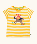 Frugi 100% organic cotton short sleeve t-shirt in yellow and white stripe with jumping horse patch on the front