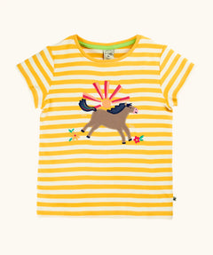 Frugi 100% organic cotton short sleeve t-shirt in yellow and white stripe with jumping horse patch on the front