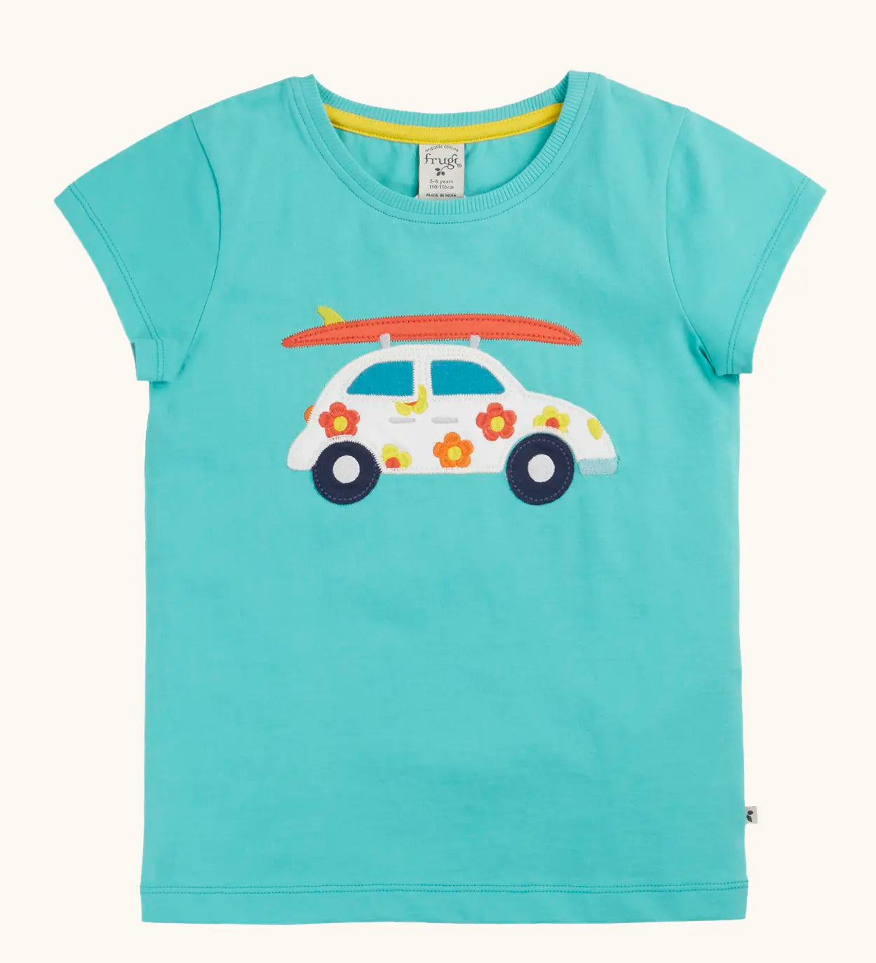 Frugi 100% organic cotton short sleeve t-shirt in light blue with white car patch carrying a surfboard on the front