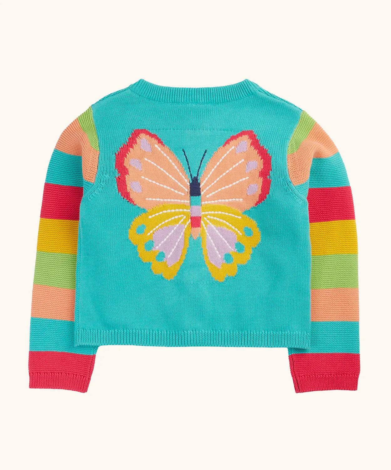 Frugi 100% organic cotton cardigan in light blue with rainbow striped sleeves showing large butterfly embroidery on upper back
