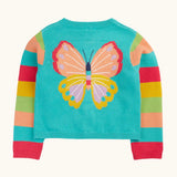 Frugi 100% organic cotton cardigan in light blue with rainbow striped sleeves showing large butterfly embroidery on upper back
