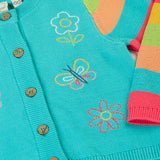 Frugi 100% organic cotton cammie cardigan in light blue laid flat showing front button fasteners