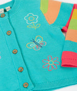 Frugi 100% organic cotton cammie cardigan in light blue laid flat showing front button fasteners