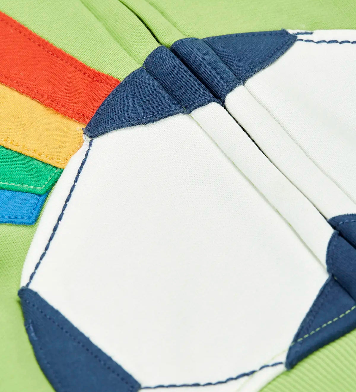 Close up of half football patch pocket on the Frugi 100% organic cotton carbis hoody in lime green 