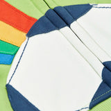 Close up of half football patch pocket on the Frugi 100% organic cotton carbis hoody in lime green 