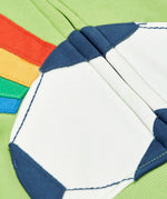 Close up of half football patch pocket on the Frugi 100% organic cotton carbis hoody in lime green 