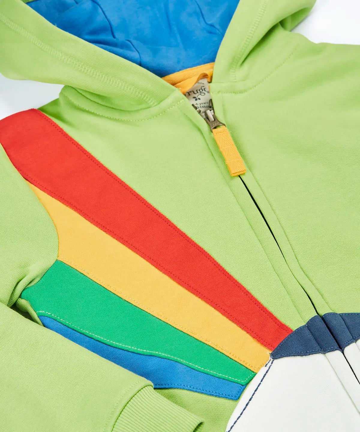 Frugi 100% organic cotton carbis hoody in lime green with blue inner lining laid flat showing zip detail 