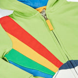 Frugi 100% organic cotton carbis hoody in lime green with blue inner lining laid flat showing zip detail 