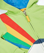 Frugi 100% organic cotton carbis hoody in lime green with blue inner lining laid flat showing zip detail 