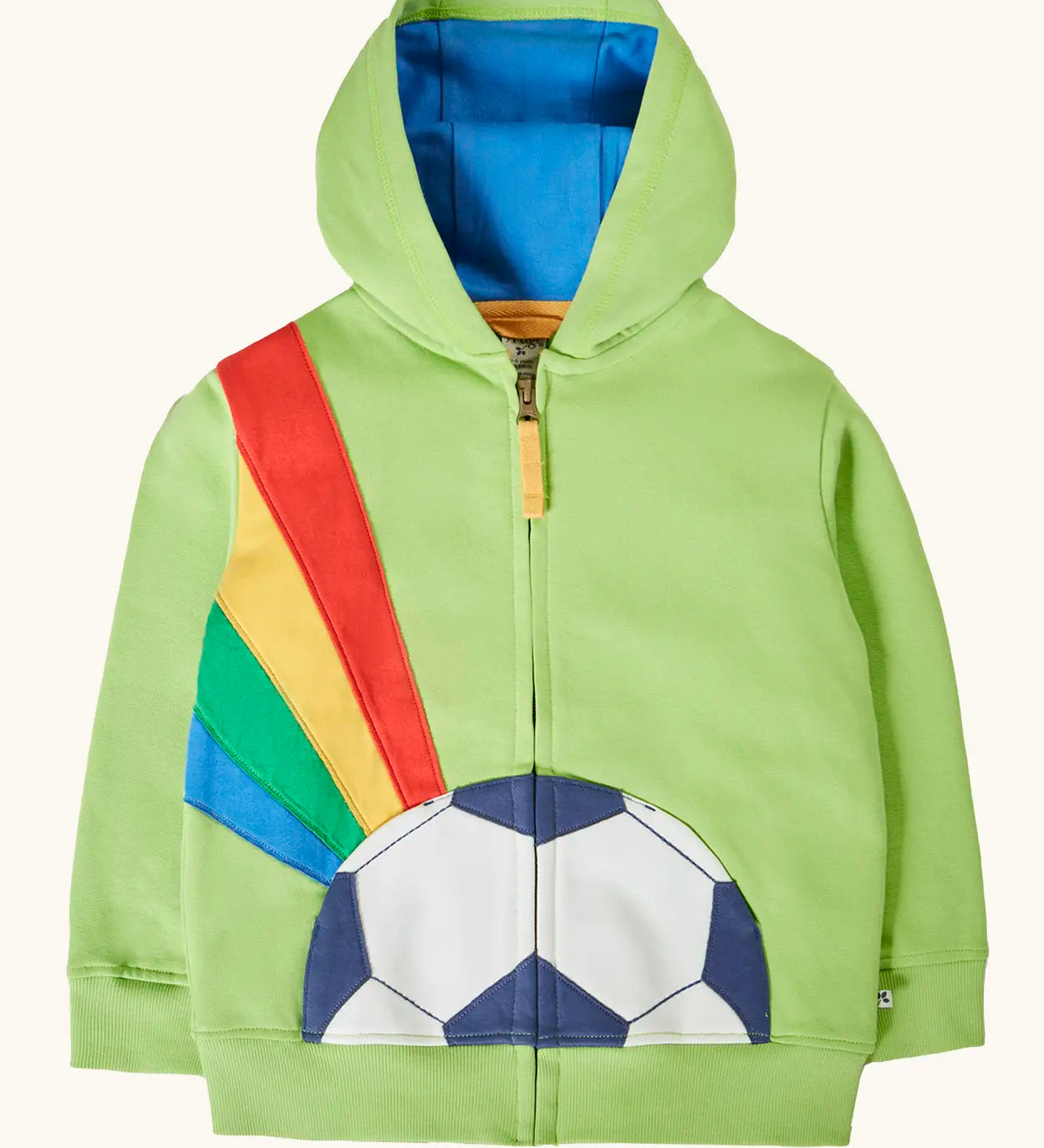 Frugi 100% organic cotton carbis hoody in lime green with blue inner lining and half a football patch pocket on lower body and front zip