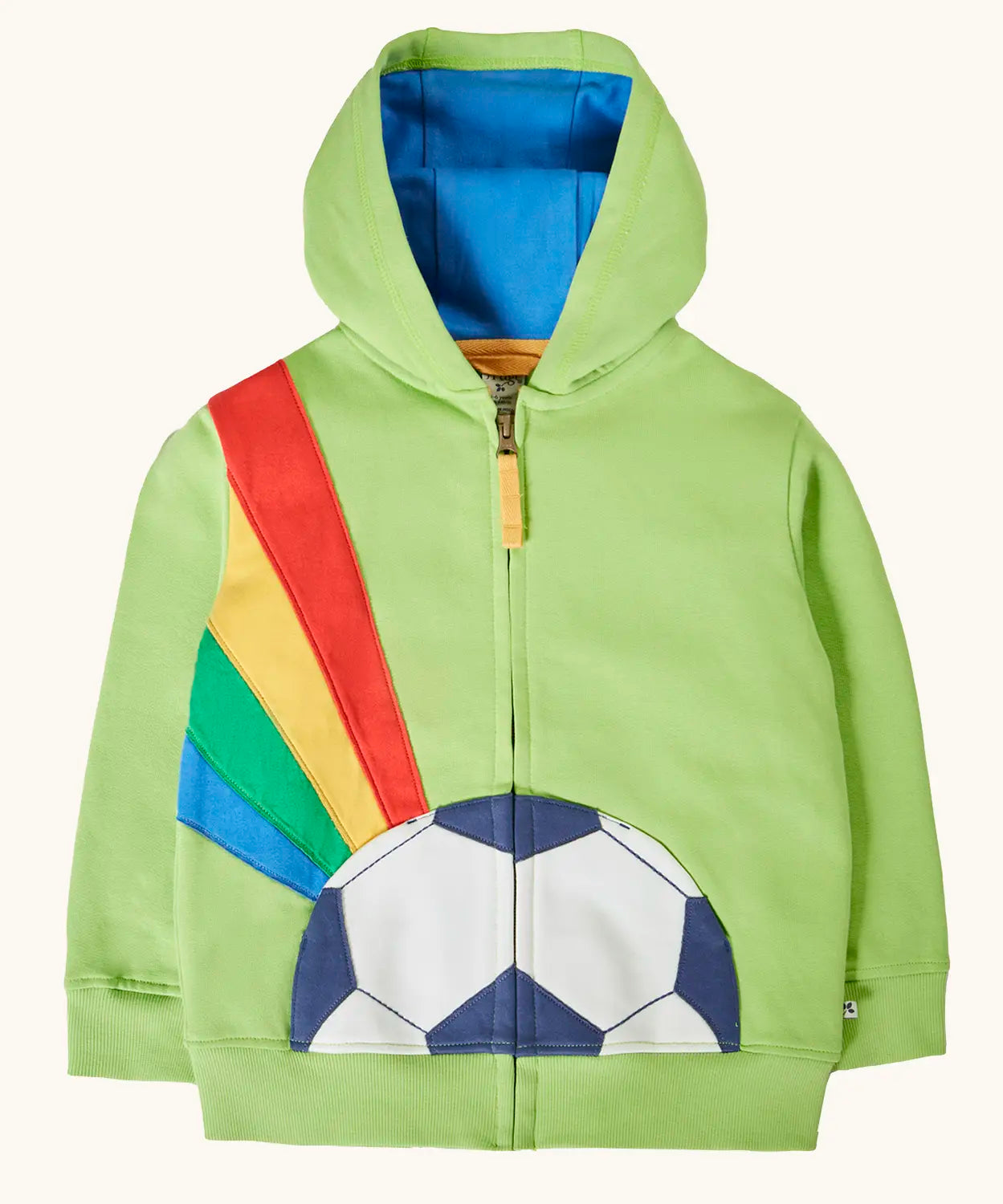 Frugi 100% organic cotton carbis hoody in lime green with blue inner lining and half a football patch pocket on lower body and front zip