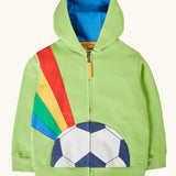 Frugi 100% organic cotton carbis hoody in lime green with blue inner lining and half a football patch pocket on lower body and front zip