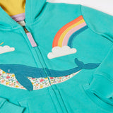 Frugi 100% organic cotton carbis hoody in blue with yellow inner lining laid flat showing the whale patch and front zip