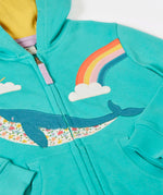 Frugi 100% organic cotton carbis hoody in blue with yellow inner lining laid flat showing the whale patch and front zip