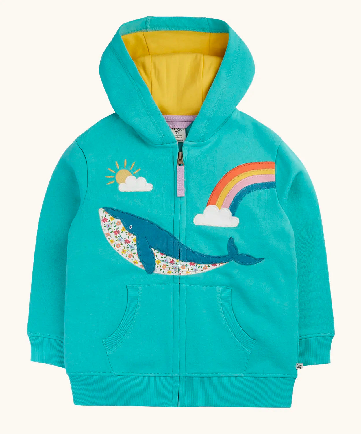 Frugi 100% organic cotton carbis hoody in blue with yellow inner lining and whale patch. Showing full front zip and pouch pocket