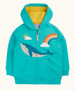 Frugi 100% organic cotton carbis hoody in blue with yellow inner lining and whale patch. Showing full front zip and pouch pocket