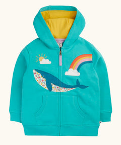 Frugi 100% organic cotton carbis hoody in blue with yellow inner lining and whale patch. Showing full front zip and pouch pocket