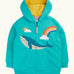 Frugi 100% organic cotton carbis hoody in blue with yellow inner lining and whale patch. Showing full front zip and pouch pocket