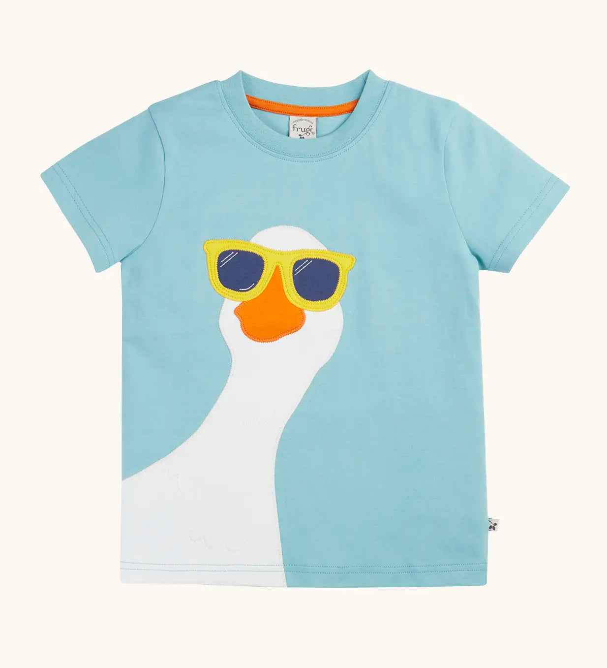 Frugi 100% organic cotton short sleeve t-shirt in light blue with a playful white goose wearing sunglasses patch on the front