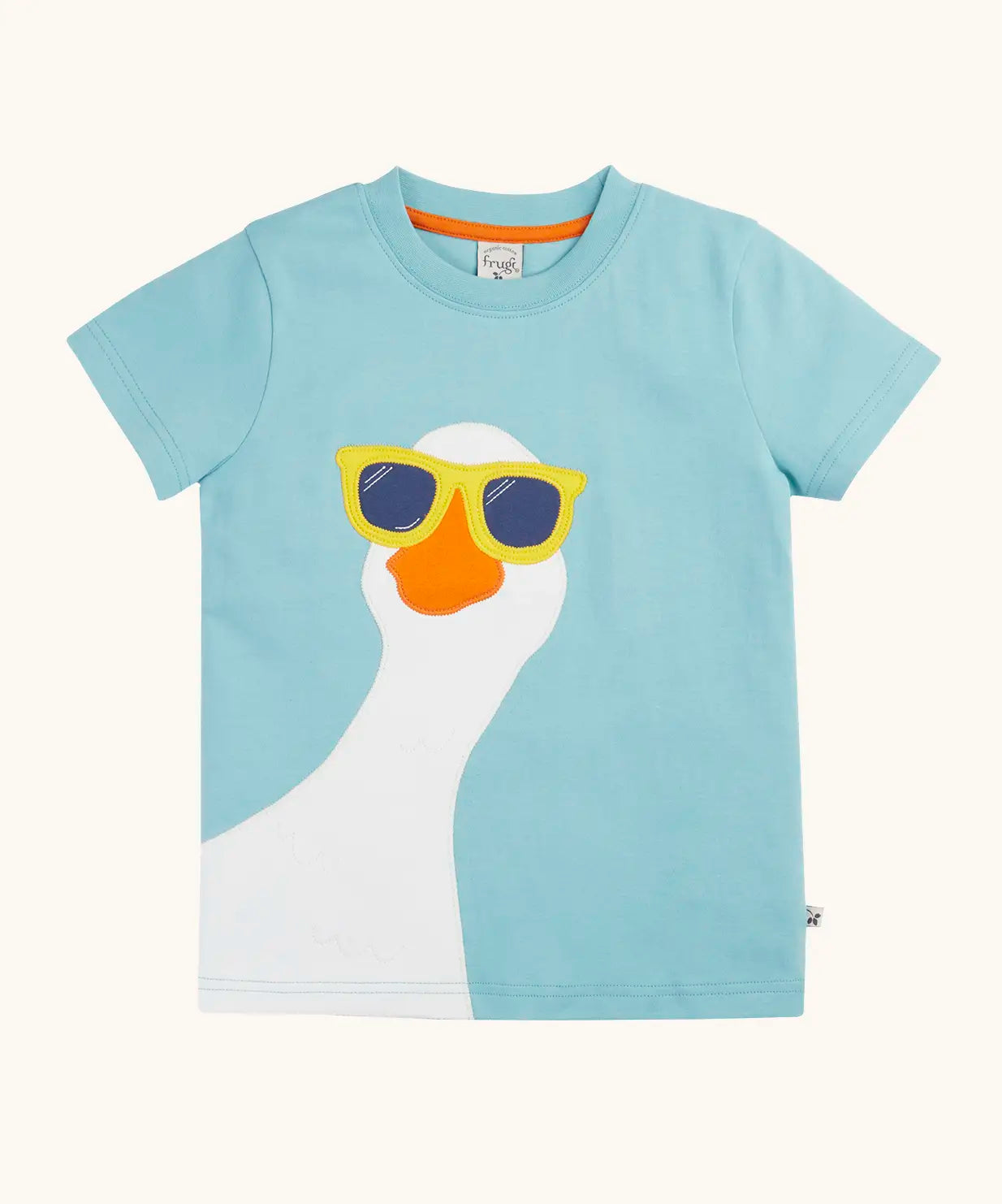 Frugi 100% organic cotton short sleeve t-shirt in light blue with a playful white goose wearing sunglasses patch on the front