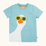 Frugi 100% organic cotton short sleeve t-shirt in light blue with a playful white goose wearing sunglasses patch on the front