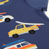 Frugi 100% organic cotton navy short sleeve t-shirt laid flat showing repeating summer inspired vehicle patches on the front