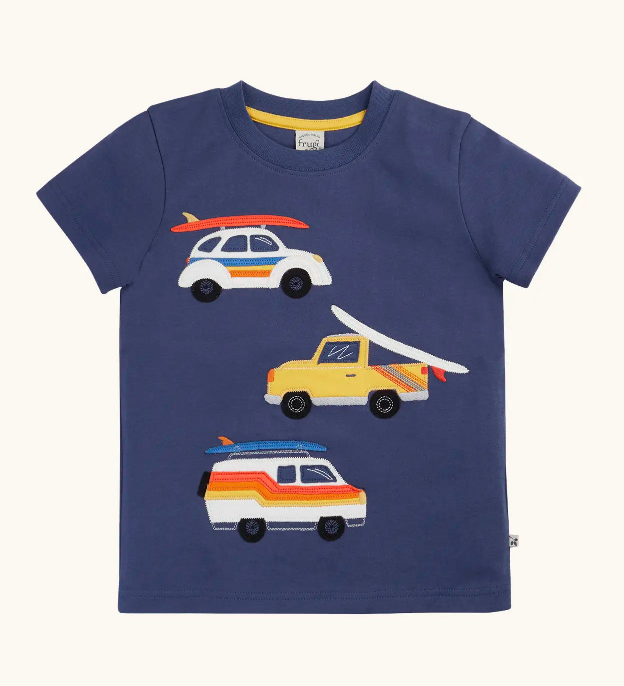 Frugi 100% organic cotton navy short sleeve t-shirt with repeating summer inspired vehicle patches on the front