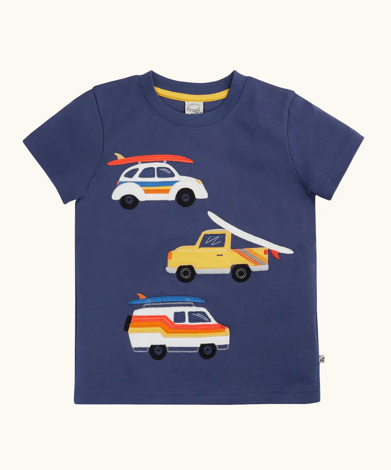 Frugi 100% organic cotton navy short sleeve t-shirt with repeating summer inspired vehicle patches on the front