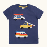 Frugi 100% organic cotton navy short sleeve t-shirt with repeating summer inspired vehicle patches on the front