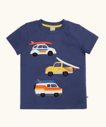 Frugi 100% organic cotton navy short sleeve t-shirt with repeating summer inspired vehicle patches on the front