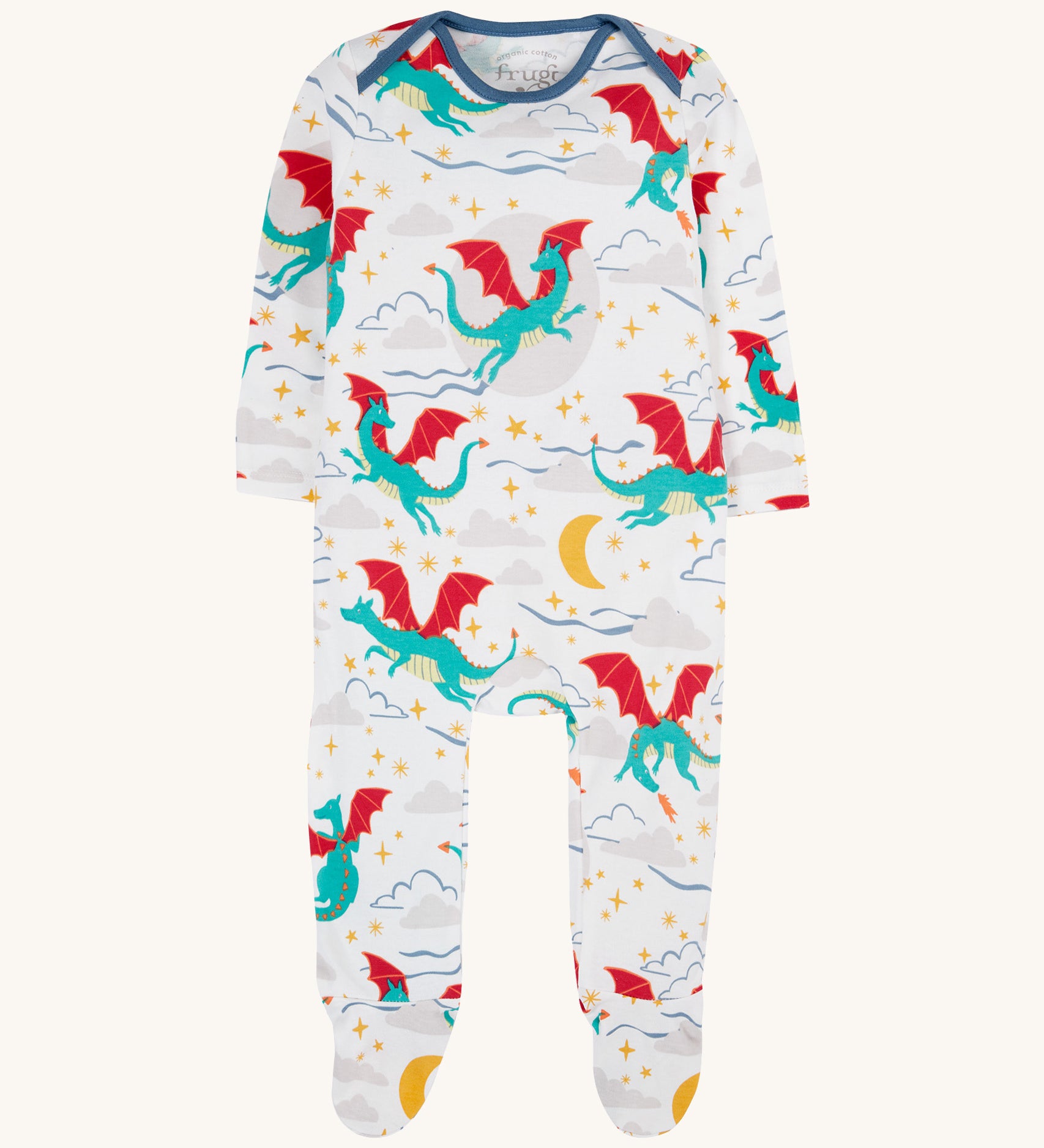 Frugi easy dressing printed babygrow in dragon skies available at Babipur. A GOTS organic cotton all in one in white with a flying green dragon design.