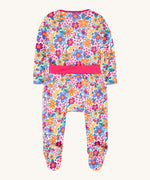 The back of the Frugi easy dressing printed babygrow in white/retro floral design available at Babipur. A GOTS organic cotton all in one with a bright retro floral design and pink trim around the waist