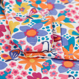 A close up of the cuff detail on the Frugi easy dressing printed babygrow in white/retro floral design available at Babipur. 