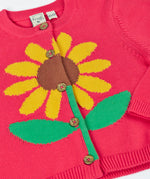 Frugi 100% organic cotton Ella cardigan in pink laid flat showing sunflower design on the front and button fasteners