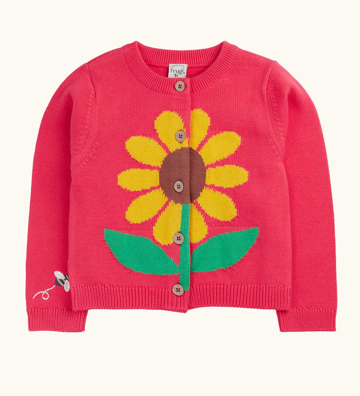 Frugi 100% organic cotton Ella cardigan in pink with sunflower design on the front. Showing front button fasteners