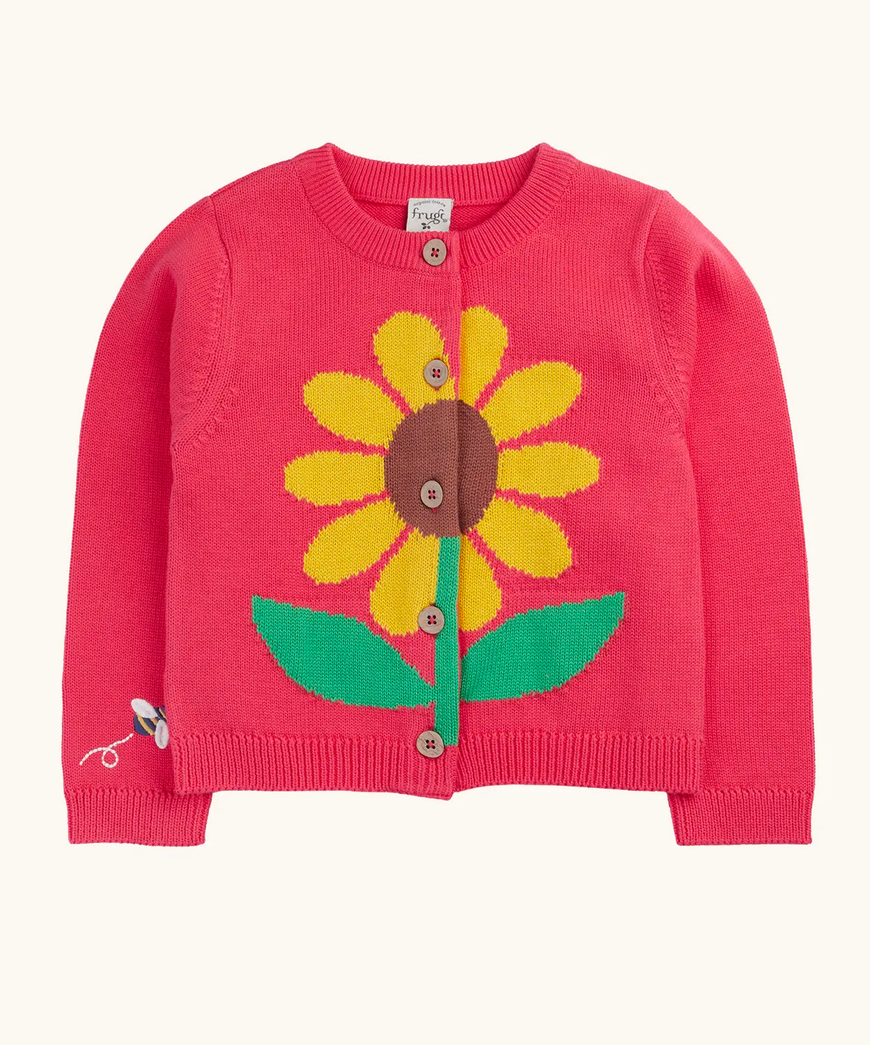 Frugi 100% organic cotton Ella cardigan in pink with sunflower design on the front. Showing front button fasteners
