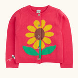Frugi 100% organic cotton Ella cardigan in pink with sunflower design on the front. Showing front button fasteners