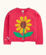 Frugi 100% organic cotton Ella cardigan in pink with sunflower design on the front. Showing front button fasteners
