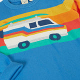 Frugi 100% organic cotton Elwood knitted jumper in blue laid flat showing  the striped and campervan design on upper body.