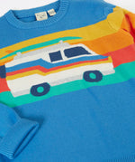 Frugi 100% organic cotton Elwood knitted jumper in blue laid flat showing  the striped and campervan design on upper body.